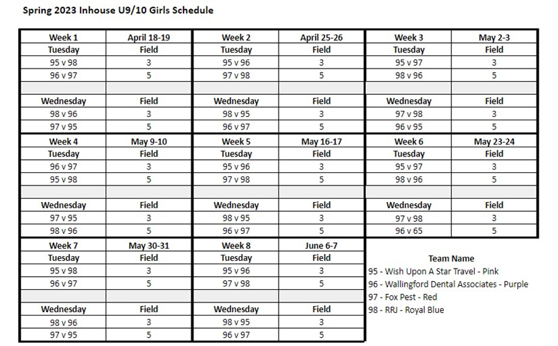 U9/U10 Inhouse Girls Schedule