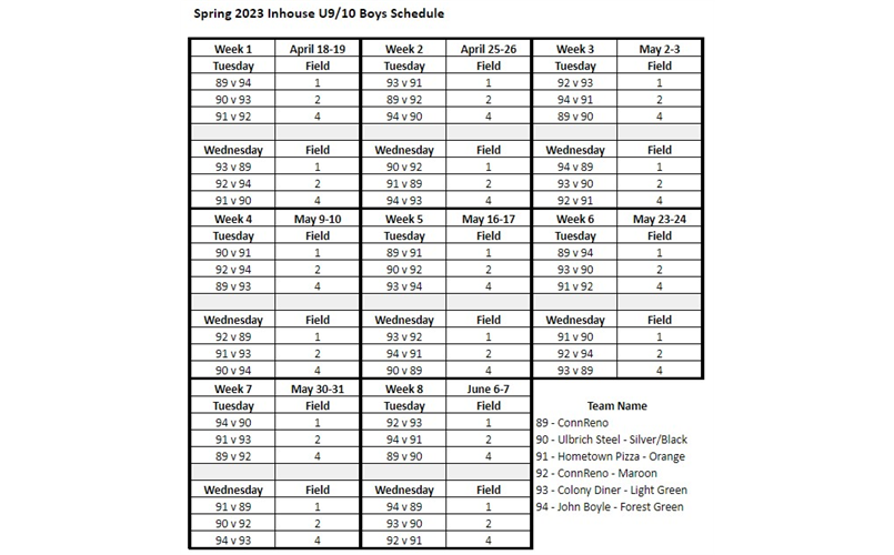 U9/U10 Inhouse Boys Schedule